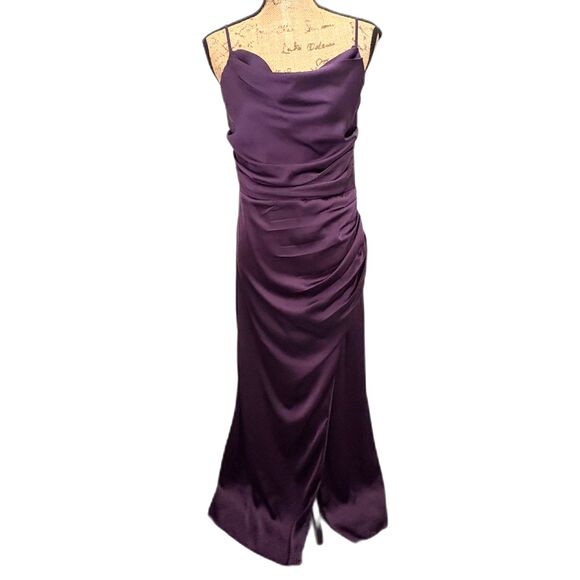 Birdy Grey Lydia Dress Plum Purple Satin Cowl Neck Maxi Bridesmaid Size Large - Picture 1 of 6